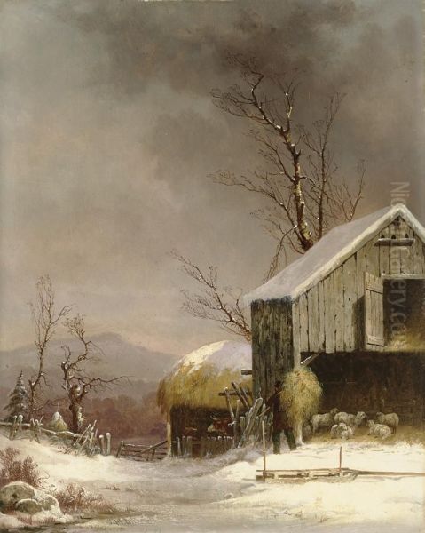 Winter Farm Scene, Connecticut Oil Painting by George Henry Durrie