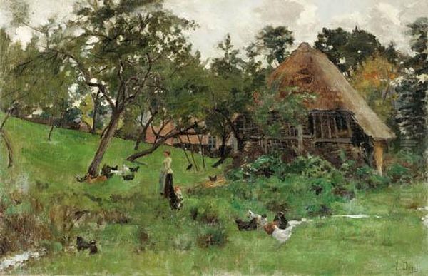 A Summer Farmyard Oil Painting by Auguste Durst