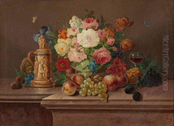 Stillleben Mit Blumen Und Obst Sowie Elfenbeinkrug Und Weinglas Oil Painting by Josef Julius Durst