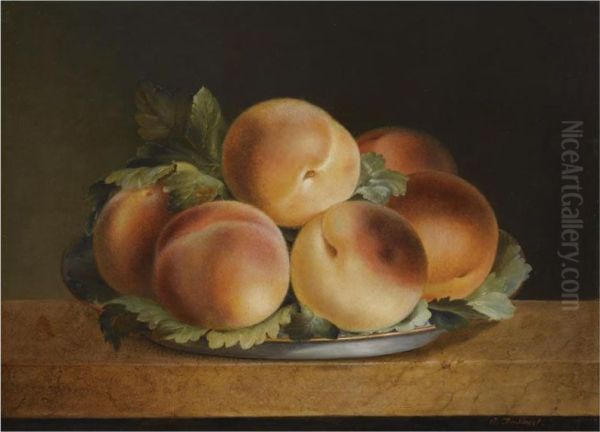 A Still Life Of Peaches In A Pewter Bowl Oil Painting by J Dussaert