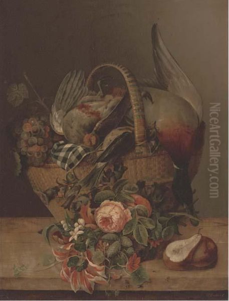 A Duck, Patridges And Other Flowers With Pears On A Wooden Ledge Oil Painting by J Dussaert