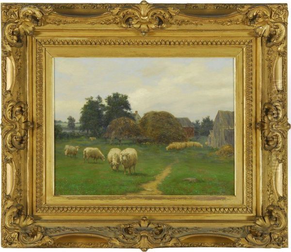 Farmyard Scene With Grazing Sheep Oil Painting by Silas Dustin