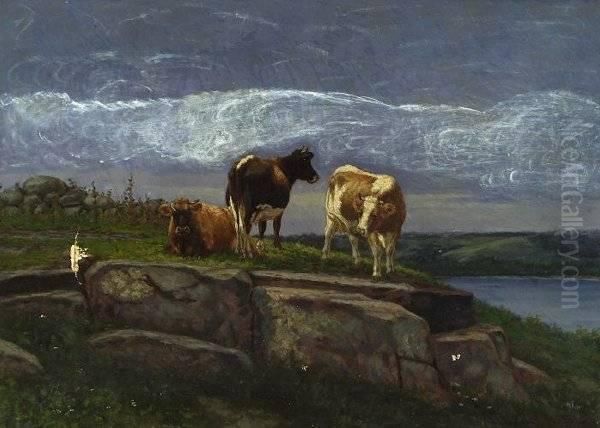 Three Cows Grazing On A Rocky Hillside Near A Lake Oil Painting by Silas Dustin