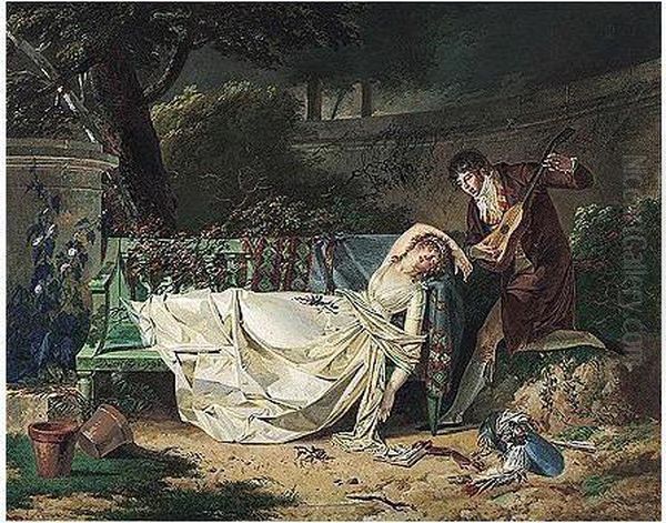 A Young Man Serenading A Woman Who Reclines Asleep Upon A Bench Oil Painting by Dutailly