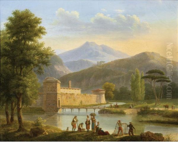 Paysage Montagneux Avec Un Chateau Au Bord D'une Riviere [ ; Montainous Landscape With Figures And A Castle By A River ; Signed And Dated Lower Left A.du Tertre/ 1815 ; Oil On Original Canvas] Oil Painting by Andre Dutertre