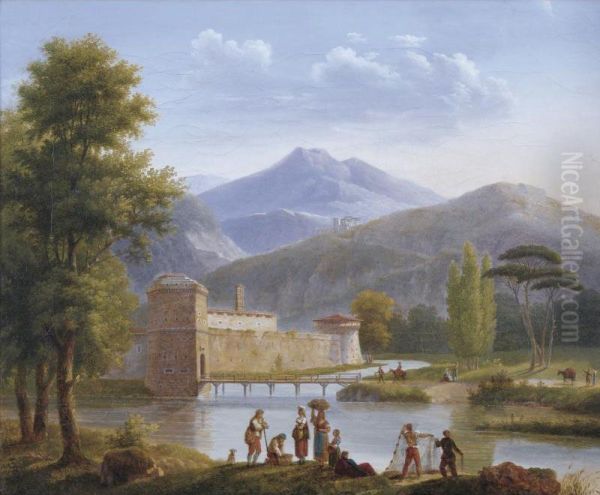 Landscape With Figures And A Castle Near A Lake Oil Painting by Andre Dutertre