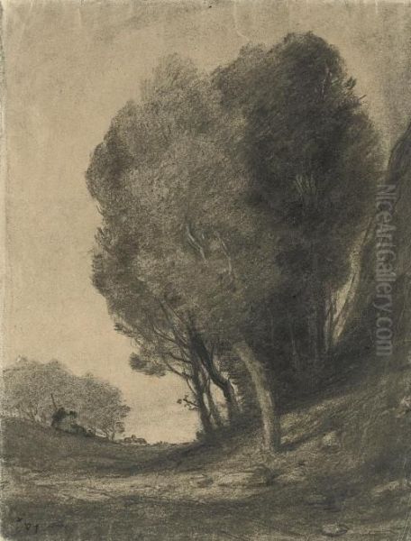 A Landscape With Trees And Two Peasants Seated On A Bank Oil Painting by Constant Dutilleux