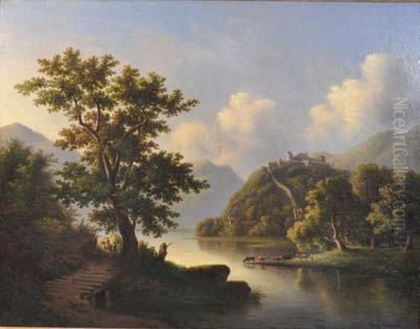 Chateau Fortifie Dominant Un Paysage De Riviere Oil Painting by Paul Dutrech