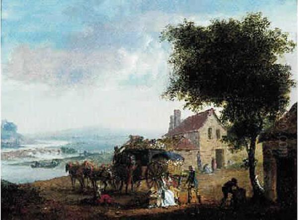 L'arrivee De La Diligence Panneau, Une Planche, Non Parquete Oil Painting by Eustache Francois Duval