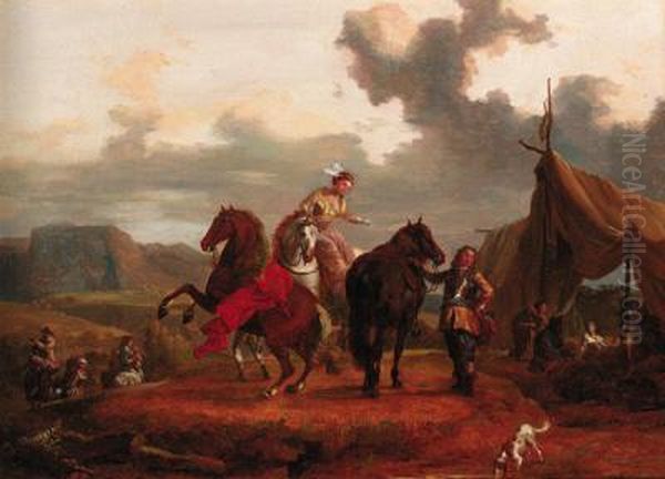 Travellers Asking Directions On A Country Track; And Elegant Ridersat A Gypsy Encampment Oil Painting by Eustache Francois Duval