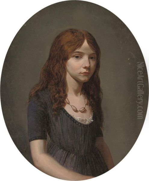 Portrait Of A Girl, Half-length, In A Blue Dress, Wearing A Rosequartz Necklace Oil Painting by Francois Duval