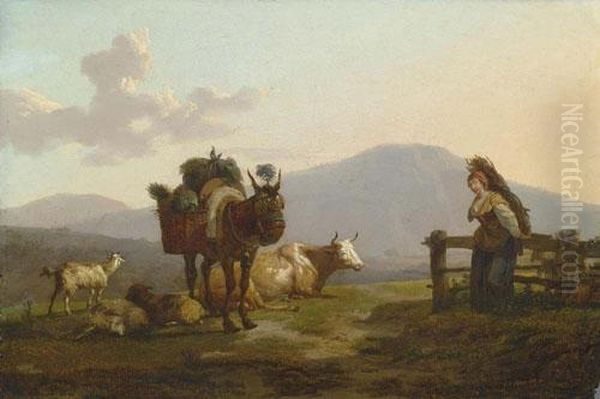 Reisigsammlerin Und Vieh Vor Abendlicher Berglandschaft. 1796. Oil Painting by Francois Duval