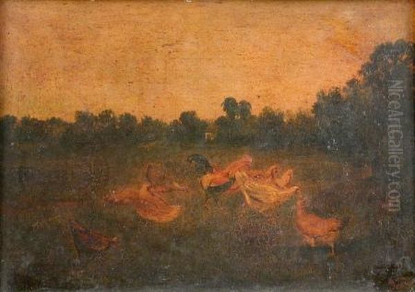 Study Of Chickens In A Farmyard Landscape Oil Painting by J.C.A. Duval