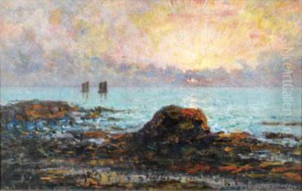 Barques Sous Voiles Soleil Couchant Oil Painting by Leon Duval-Gozlan