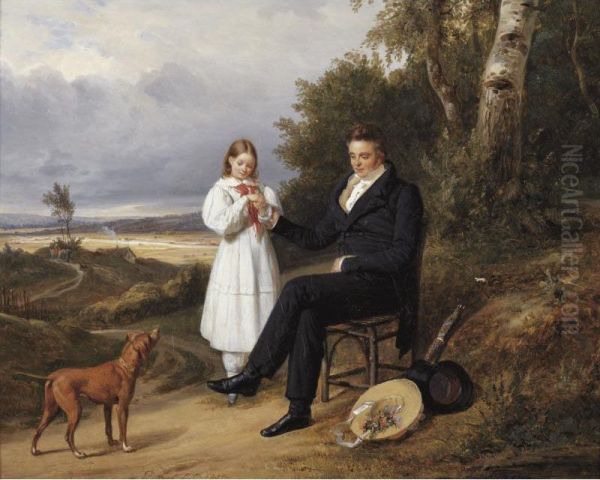 Father And Daughter In A Landscape Oil Painting by Pierre Duval-Lecamus