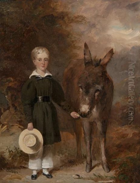 Boy With A Straw Hat Feeding A Donkey Oil Painting by J. Duvall