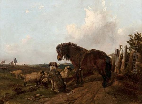 Bay Pony, Sheepdog And Flock On A Moor With Figures Beyond Oil Painting by J. Duvall