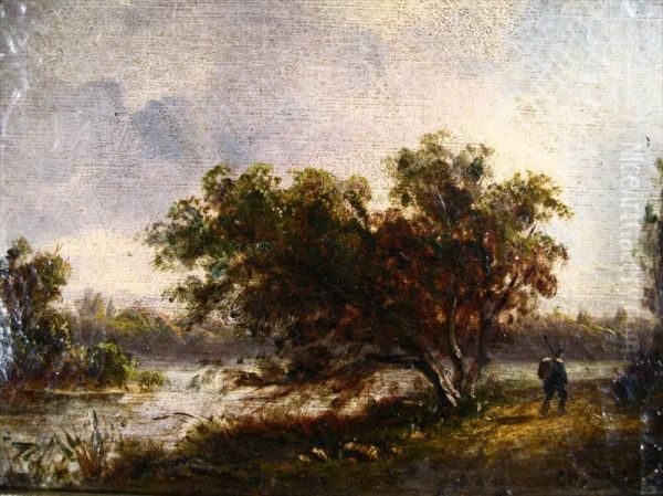 Traveler On River Bank Oil Painting by Charles Fr. Duvernoy