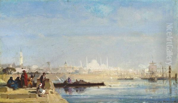 Turks Waiting At A Quay On The Bosphourus, Istanbul Oil Painting by Henri Duvieux