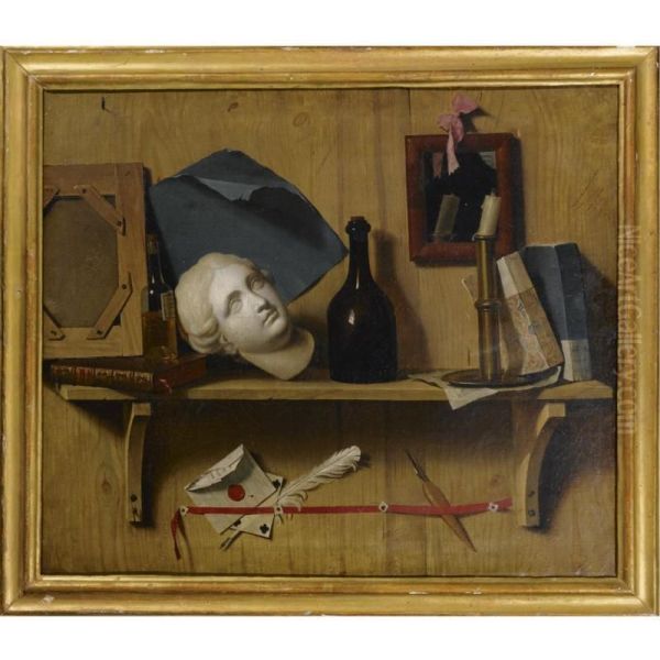 A Still Life With A Plaster Head, A Bottle, A Candle And Several Other Objects On A Wooden Shelf Oil Painting by Thomas Germain Duvivier