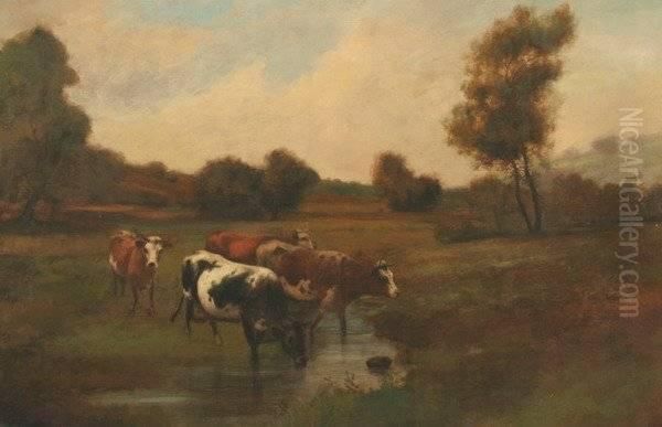 Cows Grazing By Waterside Oil Painting by Henri-Joseph Duwee