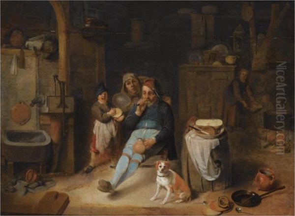 A Barn Interior With A Peasant Seated Holding A Jug, A Young Boyholding A Rumbling-pot, Other Figures, And A Dog Next To Kitchenutensils In The Foreground Oil Painting by Pieter Jacobsz. Duyfhuysen