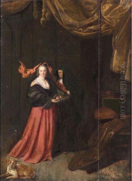 An Interior With A Young Lady Holding A Plate Of Fruit Together With An Elderly Lady And A Dog Resting In The Foreground Oil Painting by Pieter Jacobsz. Duyfhuysen