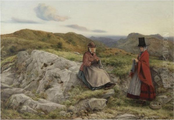 Welsh Landscape With Two Women Knitting Oil Painting by William Dyce