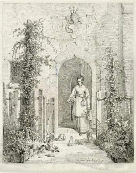 Madchen Mit Gieskanne Vor Dem Schloss Oil Painting by Hermann Dyck