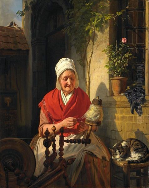 Alte Frau Am Spinnrad Oil Painting by Josephus Laurentius Dyckmans