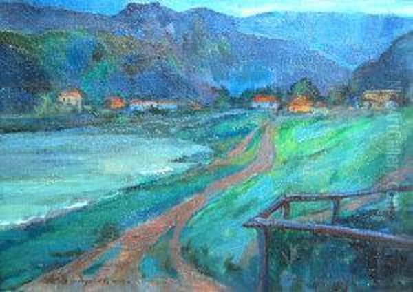 Village By A River In A Mountain Landscape At Dusk Oil Painting by Konstantin V. Dydyshko