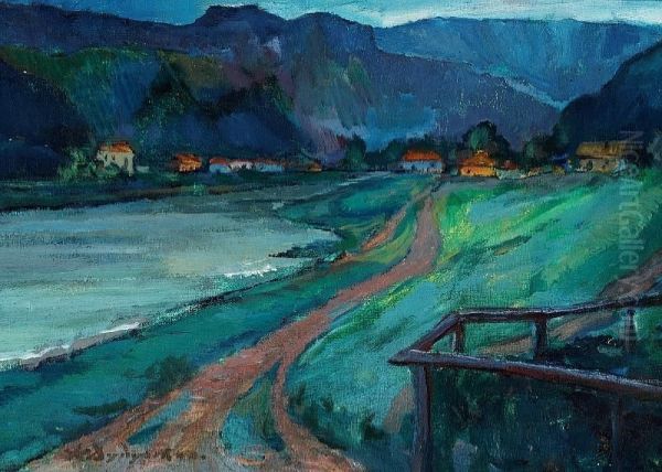 Vikentievich Dydyschko: Houses And Mountains In The Twilight Oil Painting by Konstantin V. Dydyshko