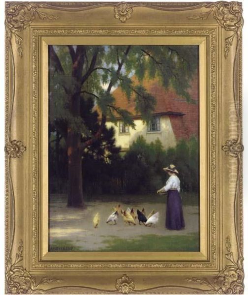 Feeding The Chickens Oil Painting by Alfred Henry Dyer