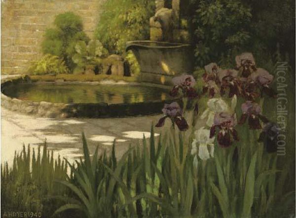 The Artist's Garden, Iris Pond Oil Painting by Alfred Henry Dyer