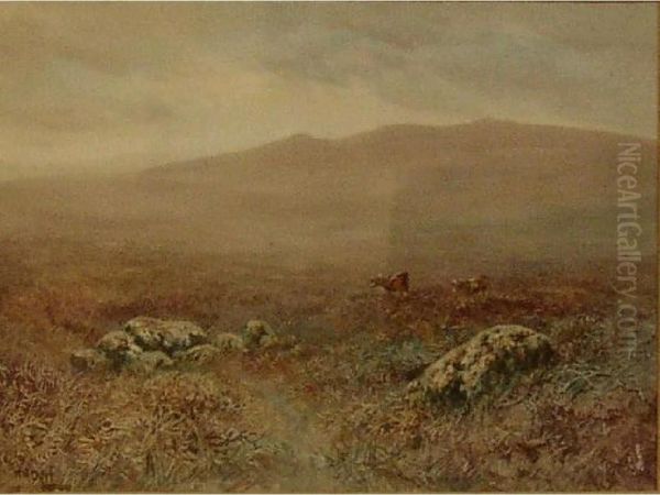 On The Upper East Dart, Dartmoor And Another Dartmoor Scene With Cattle. Oil Painting by William Henry Dyer