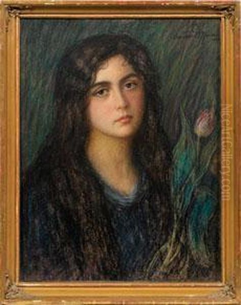 Portrait Eines Madchensmit Tulpe Oil Painting by Waclaw Dyzmanski