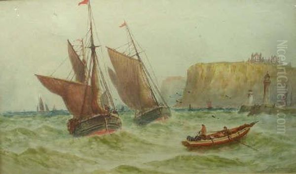 Fishing Boats Leaving Whitby Harbour Oil Painting by Joseph Eaman