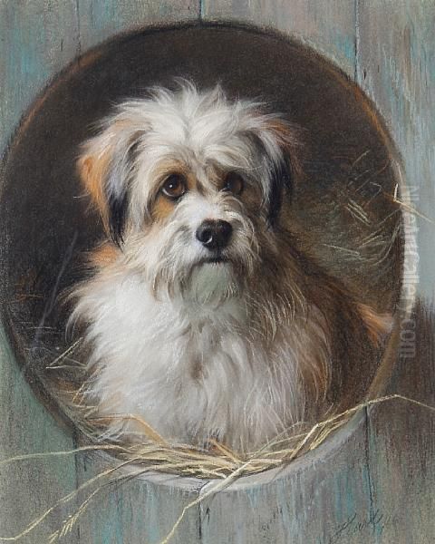 A Terrier Looking Out Of His Kennel Oil Painting by Thomas William Earl