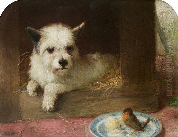 A Terrier And A Robin Oil Painting by Thomas William Earl