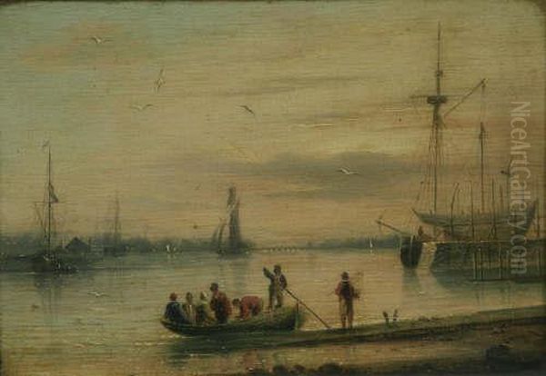 Figures In Harbour With Snow Falling Signed And Dated 1808 7 X 10in Oil Painting by Augustus Earle