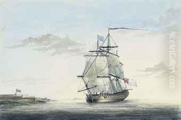 A Royal Navy Two-decker Off A Fortified Headland Oil Painting by Charles Earle