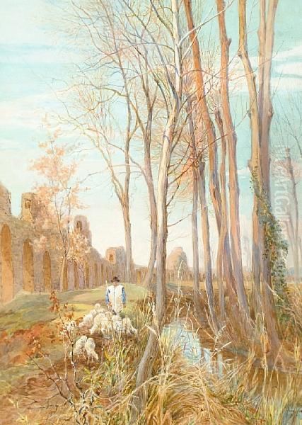 Tending To The Sheep In An Italianate Landscape Oil Painting by Charles Earle