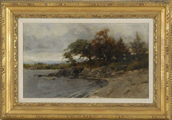 Lakeshore Landscape With Rocks, Trees, 
And Distant Hills Oil Painting by Lawrence Carmichael Earle