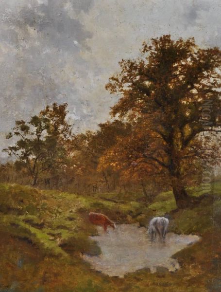 Cattle Watering In The Pond Oil Painting by Henry Earp