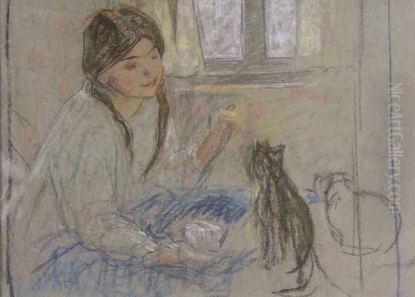 Girl With Her Cat Oil Painting by Mary Alexandra Bell Eastlake