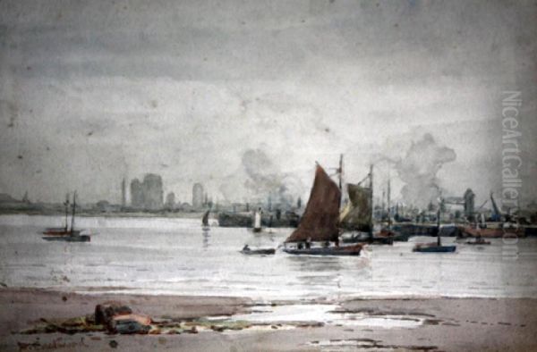 Docks Scene With Shipping Oil Painting by Walter Eastwood