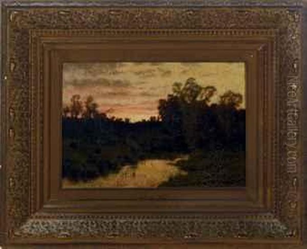 Sunset Over The Town By The Lake Oil Painting by Charles Harry Eaton