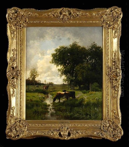 Meadow Stream With Cows Oil Painting by Charles Harry Eaton