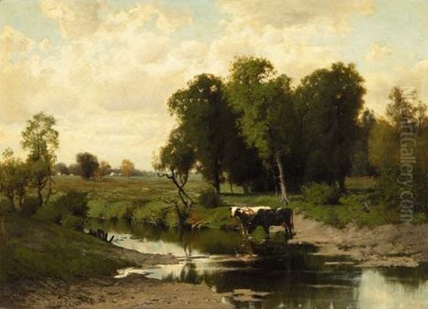 Cows Watering Oil Painting by Charles Harry Eaton