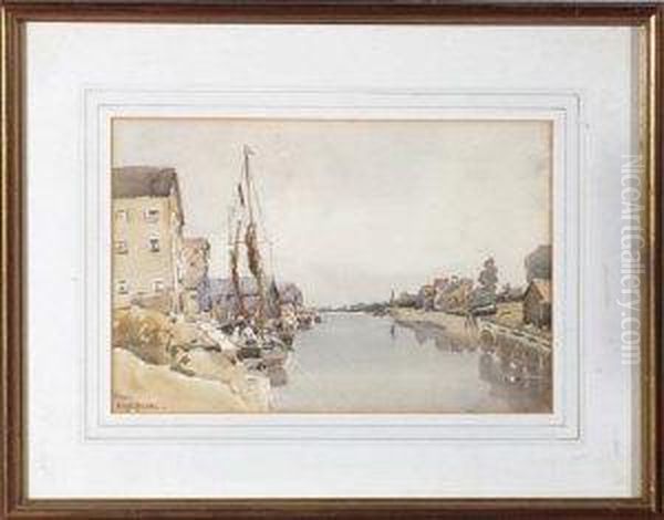 Sailing Barges Near Warehouses On A Canal Oil Painting by Ellen M.M. Eaton